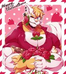 anthro between_pecs big_muscles big_pecs blue_eyes blush border box_of_chocolates candy chocolate clothing collared_shirt dessert ear_piercing flower flower_between_breasts flower_in_mouth food fur heart_symbol holding_flower holding_flower_pot holding_object holding_plant holding_rose holidays looking_at_viewer male multicolored_body multicolored_fur muscular muscular_anthro muscular_male object_in_mouth one_eye_closed outside_border pecs piercing pink_nose plant popped_collar red_clothing red_dress_shirt red_shirt red_topwear rose_(flower) shirt solo topwear two_tone_body two_tone_fur unbuttoned_shirt whiskers white_body white_fur yellow_body yellow_fur myiko utau valentine's_day waltt domestic_cat felid feline felis mammal absurd_res hi_res