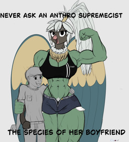 anthro beak big_breasts body_hair bottomwear breasts chest_hair clothing daisy_dukes denim denim_bottomwear denim_clothing denim_shorts duo feather_hair feathered_wings feathers female female_anthro fist flexing flexing_bicep flexing_muscles green_body hair hotpants huge_breasts larger_female looking_at_viewer male male/female meme_pose muscular muscular_anthro muscular_female navel open_beak open_mouth pink_beak ponytail powerful pseudo_hair pube_peek pubes pubes_exposed shirt shorts size_difference smile standing tank_top thick_thighs topwear white_hair wings cosmonaut nintendo pokemon athena_(cosmonaut) chatot generation_4_pokemon pokemon_(species) hi_res meme signature