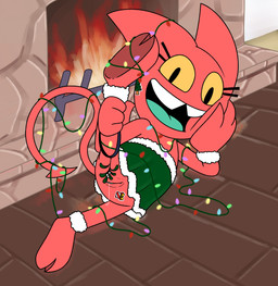 bodily_fluids bottomless christmas_decorations christmas_lights clothed clothing cloven_hooves dress fangs female fireplace genitals green_clothing green_dress hooves inside lying mistletoe on_side plant pussy_drip red_body solo sticker tail teeth vulva yellow_sclera young young_female young_humanoid aaron_amethyst satina_(series) satina demon humanoid imp absurd_res hi_res
