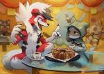 3_toes 4_fingers anthro armband beverage cafe cake claws clothing dessert feet fingers food generation_2_pokemon generation_3_pokemon generation_4_pokemon generation_7_pokemon glass_table group haychel hoodie litten lycanroc male midnight_lycanroc nintendo open_mouth pokemon pokemon_(species) restaurant riolu spinda tea teeth toe_claws toes topwear waiter wobbuffet
