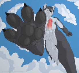 anthro balls claws cloud erection fur genitals green_eyes grey_body grey_fur humanoid_genitalia humanoid_penis imminent_crush imminent_stepping macro male micro_pov penis sky solo white_body white_fur bartucthebloody banryu canid canine canis mammal wolf 2016 colored hi_res