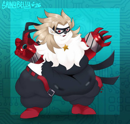 anthro belly belt big_belly blush bottomwear clothing deep_navel female footwear fur grey_body grey_fur grey_hair hair navel obese obese_anthro obese_female overweight overweight_anthro overweight_female pants red_eyes shoes solo star text thick_thighs white_body white_fur shinybelly bandai_namco digimon digimon_beatbreak digimon_(species) wolvermon 2026 artist_name digital_media_(artwork)