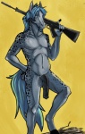 animal_genitalia animal_penis anthro assault_rifle balls biped black_spots blue_hair equine_genitalia equine_penis flaccid fur genitals grey_body grey_fur gun hair holding_gun holding_object holding_ranged_weapon holding_weapon hooves looking_at_viewer male medial_ring nude penis ranged_weapon rifle solo spots standing tail upside_down_penis vein veiny_penis weapon sapphire_(artist) equid equine horse mammal