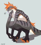 anthro bebebebebe biped crouching female fur grey_background grey_body hi_res looking_at_viewer nude_anthro nude_female orange_body orange_fur pupils reptile scalie simple_background slit_pupils sniffe_(bebebebebe) solo striped_body stripes tongue tongue_out