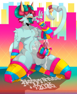 anthro arm_warmers armwear bodily_fluids clothing cum excessive_cum excessive_genital_fluids genital_fluids leg_warmers legwear lgbt_pride male male/male masturbation pansexual_pride_colors pride_colors solo bubblepop2001 demon humanoid absurd_res hi_res