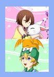 black_nose blonde_hair blue_border blue_eyes blush border brown_hair clothing eyes_closed female feral green_background group hair hat headgear headwear hug kairikazu male open_mouth orange_body pink_background simple_background smile white_body young bandai_namco digimon hikari_kamiya takeru_takaishi digimon_(species) gatomon human mammal patamon absurd_res hi_res