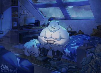 anthro balls bed bedroom belly computer detailed_background electronics feral flaccid fur furniture genitals humanoid_hands inside male micropenis moobs night nipples overweight overweight_male penis plushie sitting small_penis tongue tongue_out white_body white_fur yuyuitudou nintendo pokemon bear canid canine canis cubone domestic_dog generation_1_pokemon mammal pokemon_(species) 2025 absurd_res hi_res