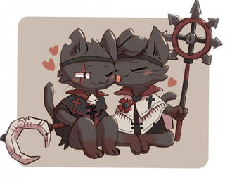 anthro black_body black_clothing black_fur black_hair blush cheek_tuft clothing crescent_moon cross duo ear_scar eyes_closed facial_tuft flower fur fur_tuft hair heart_symbol holding_object holding_staff male moon notched_ear one_eye_closed plant scar sitting staff tail tongue tongue_out tuft wheel_of_chaos whiskers white_clothing sam0120 cult_of_the_lamb massive_monster_(studio) aym_(cult_of_the_lamb) baal_(cult_of_the_lamb) domestic_cat felid feline felis mammal hi_res brother_(lore) brothers_(lore) sibling_(lore)