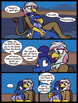 afterglow anthro anthro_on_anthro beak black_choker black_jewelry black_necklace bodily_fluids bracelet breast_grab breast_rub breasts brown_body brown_feathers brown_fur butt butt_grab choker dialogue drooling eye_roll feathers female female/female female_orgasm finger_in_mouth fur green_eyes green_pupils groping_from_behind hair hand_on_breast hand_on_butt hand_on_hand hot_spring hug interspecies jewelry larger_anthro larger_female looking_down looking_pleasured looking_up markings multiple_positions necklace nude orgasm partially_submerged pink_body pink_feathers pink_hair pink_markings profanity pupils purple_eyes purple_pupils saliva sitting size_difference smaller_anthro smaller_female smile smirk speech_bubble spread_legs spreading tail tail_tuft text tongue tongue_out tuft water white_body white_feathers white_hair yellow_beak ultilix european_mythology mythology ruby_(ultilix) avian dragon gryphon mythological_avian mythological_creature mythological_scalie scalie western_dragon 2026 comic english_text hi_res
