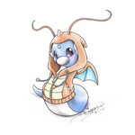 ambiguous_gender clothing cosplay costume evolutionary_family feral footwear hoodie jacket pokemon_costume shoes solo standing topwear itsbirdyart nintendo pokemon dragonite dratini generation_1_pokemon pokemon_(species) colored_pencil_(artwork) traditional_media_(artwork)