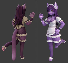 4_toes 5_fingers accessory anthro apron bow_(feature) breasts claws clothed clothing collar digitigrade ear_tuft feet female fingers fully_clothed gesture hair hand_on_hip headband jewelry lace legwear long_hair maid_uniform pawpads paws pink_eyes pink_nose pose purple_hair smile solo standing stockings toes tuft uniform waving wristband hickysnow vtuber nova-aurora domestic_cat felid feline felis mammal 3d_(artwork) blender_(artwork) digital_media_(artwork) hi_res