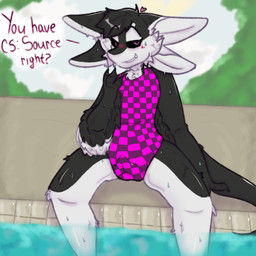 3_fingers 4_ears ambiguous_gender animal_genitalia animal_vulva anthro asking asking_viewer big_vulva biped black_body black_claws black_feathers black_finger_claws black_fur black_hair black_hands black_sclera black_tail blurred_background blush blush_lines camel_toe canine_genitalia canine_vulva canine_vulva_outline checkered cheek_tuft chest_tuft claws clothed clothed_anthro clothing countershade_face countershading day dialogue eyebrows facial_tuft fangs feather_tuft feathered_wings feathers finger_claws fingers flat_chested front_view fur genital_outline genitals glistening glistening_body grin hair half-closed_eyes heart_symbol hearts_around_head light long_tail looking_at_viewer missing_texture multi_ear multicolored_body multicolored_clothing multicolored_fur narrowed_eyes nature nature_background one-piece_swimsuit outside partially_submerged pattern_clothing pink_clothing pink_eyes pink_swimwear plant plump_labia poolside presenting presenting_vulva public purple_clothing purple_eyes question question_mark seductive simple_background sitting sky smile smiling_at_viewer smirk smug smug_grin solo speech_bubble spread_legs spreading sun sunlight swimming_pool swimwear tail talking_to_viewer teeth text tile tuft tufted_fur two_tone_body two_tone_fur vulva vulva_outline water wet wet_body wet_fur white_body white_feathers white_fur winged_arms wings yes-no_question perezc33 fyr_(fenrir784) avali avian bird 1:1 2026 absurd_res digital_drawing_(artwork) digital_media_(artwork) english_text hi_res meme portrait shaded maleherm_(lore)