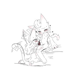 ambiguous_gender anthro bandage bandaged_chest bandaged_ear bandaged_leg bandaged_tail bed blush censor_bar duo fellatio front_view furniture head_between_legs head_tuft heart_symbol kneeling licking licking_tip looking_up male nude nude_anthro nude_male open_mouth oral pawpads paws penile penis_in_mouth rear_view sex simple_background sitting tail tail_motion tailwag tongue tremble_lines tuft u-naduki ponos_corp. the_battle_cats d'arktanyan_(the_battle_cats) d'artanyan_(the_battle_cats) domestic_cat felid feline felis mammal 1:1 hi_res