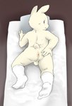 4_fingers anthro anus black_eyes buckteeth butt clothing fingers footwear footwear_only happy looking_at_viewer looking_back looking_back_at_viewer lying male mostly_nude mostly_nude_male on_front on_side pillow rear_view socks socks_only solo spread_anus spreading tail teeth white_clothing white_footwear white_socks young young_anthro young_male nekotanyanneko lagomorph leporid mammal rabbit 2025 absurd_res hi_res
