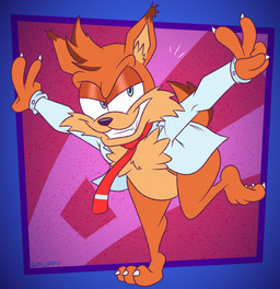 3_toes abstract_background anthro barefoot bent_over blazer blue_eyes bottomless cheek_tuft chest_tuft claws clothed clothing curling_toes facial_tuft featureless_crotch feet finger_claws fur gesture hand_gesture male multicolored_body multicolored_fur necktie on_one_leg orange_body orange_fur paws plantigrade smug solo standing toe_claws toes toony tuft two_tone_body two_tone_fur v_sign gavanzude bubsy_(series) bubsy_4d bubsy_bobcat bobcat felid feline lynx mammal alternate_version_at_paywall digital_drawing_(artwork) digital_media_(artwork) hi_res signature