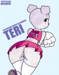 anthro blush bottomwear butt cheerleader clothed clothing eyelashes female genitals looking_at_viewer paper pom_poms pussy rear_view simple_background skirt smile solo young pongldr cartoon_network the_amazing_world_of_gumball teri_(tawog) bear mammal