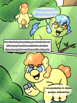 ambiguous_feral ambiguous_gender blue_eyes blue_hair blue_tail day dialogue duo feral green_body hair holding_object orange_hair orange_tail outside plant quadruped rock shrub smile tail text twig yellow_body young young_ambiguous young_feral giggle_fluffy's fluffy_pony equid equine fluffy_pony_(species) horse mammal pony 3:4 comic digital_media_(artwork) hi_res spanish_description spanish_text translated_description translation_request