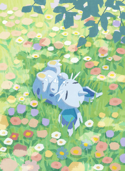 blue_body blue_ears blue_inner_ear buckteeth claws eyes_closed feet female female_feral feral flower grass leaf legs_up lying markings on_back outside plant soles solo spots spotted_body teeth toe_claws whiskers hyogonosuke nintendo pokemon generation_1_pokemon nidorina pokemon_(species) absurd_res colored digital_media_(artwork) hi_res shaded