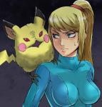 blonde_hair blue_eyes breasts clothed clothing creepy duo female fur hair nightmare_fuel ponytail red_eyes teeth what why yellow_body yellow_fur zero_suit turizao metroid nintendo pokemon ridley samus_aran generation_1_pokemon human little_birdie_(metroid) mammal pikachu pokemon_(species) rodent crossover