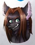 anthro black_body black_fur black_nose brown_hair eyebrows fangs fluffy fluffy_ears frown fur green_eyes hair inner_ear_fluff long_hair male monotone_hair neck_tuft piercing solo teeth tuft iijackie3678ii canid canine canis mammal wolf absurd_res colored digital_drawing_(artwork) digital_media_(artwork) hi_res