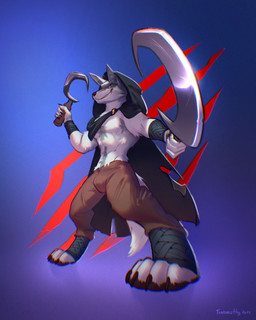 abstract_background anthro arm_wrapping arm_wraps athletic biped black_cape black_clothing black_hood bottomwear brown_bottomwear brown_clothing brown_pants bulge cape cheek_tuft claws cloak clothed clothing digitigrade dual_wielding facial_tuft fur fuzzy glistening glistening_eyes gradient_background grey_body grey_fur grin holding_object holding_weapon hood hood_up leg_wrap leg_wraps looking_at_viewer male male_anthro narrowed_eyes pants pawpads perspective pointing_weapon pointing_weapon_at_viewer pointy_ears pose prick_ears purple_background red_eyes sickle simple_background small_waist smile solo standing tuft weapon white_body white_fur wrapped_arms wrapped_legs wraps timmothy_arts dreamworks puss_in_boots_(franchise) death_(puss_in_boots) canid canine canis mammal wolf 4:5 absurd_res full-length_portrait hi_res portrait signature