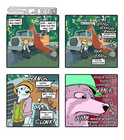 angry anthro armor bodily_fluids clothed clothed_anthro clothed_humanoid clothed_male clothing dialogue duo fully_clothed fully_clothed_anthro fully_clothed_humanoid fully_clothed_male fur hard_hat headgear helmet holding_object holding_shovel holding_tool male outside profanity road safety_vest shovel sweat tail text tools topwear truck vehicle vest white_body white_fur hieronymusjohnson squeez_(hieronymusjohnson) canid canine canis domestic_dog dwarf humanoid mammal nordic_sled_dog samoyed spitz 2026 aliasing binary_drawing comic digital_drawing_(artwork) digital_media_(artwork) english_text hi_res