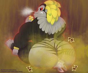 angry aura banana bananza bananza_power barazoku big_butt bodily_fluids butt cloud directional_arrow duo eating facesitting fart fart_cloud fart_fetish fart_sniffing food fruit gas gassy hairy male muscular musk nervous plant sitting sitting_on_another smelly smile sniffing stink_fumes stink_lines stinkface sweat jadetanuki donkey_kong_(series) donkey_kong_bananza nintendo kong_bananza ape asinus donkey equid equine gorilla haplorhine kong mammal primate 6:5 absurd_res hi_res