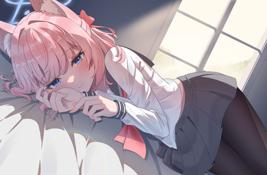 accessory animal_ear_fluff animal_ears asian_clothing bed black_clothing black_legwear black_pantyhose blue_bottomwear blue_clothing blue_eyes blue_halo blue_skirt blush bottomwear clothing day east_asian_clothing female fox_ears furniture hair hair_accessory hair_ribbon half-closed_eyes halo inside japanese_clothing japanese_school_uniform kerchief legwear light light_beam looking_at_viewer lying medium_hair midriff miniskirt narrowed_eyes neckerchief neckwear on_bed on_side pantyhose pink_hair pleated_skirt ponytail ribbons sailor_collar school_uniform serafuku shirt short_ponytail skirt smile solo sunbeam sunlight topwear uniform white_clothing white_shirt white_topwear misonokei blue_archive niko_(blue_archive) animal_humanoid canid canid_humanoid canine canine_humanoid fox_humanoid humanoid mammal mammal_humanoid absurd_res hi_res