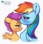 blue_body duo female female/female feral heart_symbol kissing smile wings bloodymrr friendship_is_magic hasbro my_little_pony mythology rainbow_dash_(mlp) scootaloo_(mlp) equid equine horse mammal mythological_creature mythological_equine pegasus pony absurd_res dated hi_res