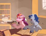 blue_body blue_eyes blue_hair book desk duo dust eyes_closed eyewear female feral furniture glasses hair jewelry library male necklace open_book table aztrial hasbro mlp_g5 my_little_pony argyle_starshine_(mlp) sunny_starscout's_mother_(mlp) earth_pony equid equine horse mammal pony hi_res