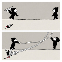 2_panel_comic 5_fingers ambiguous_gender anthro biped black_body border catching crumbs fingers grey_background grey_wings group hitting humor motion_lines paper_airplane papercraft simple_background standing throwing trio white_border white_face wings young tsuchika avian bear bird columbid mammal pigeon 1:1 comic hi_res