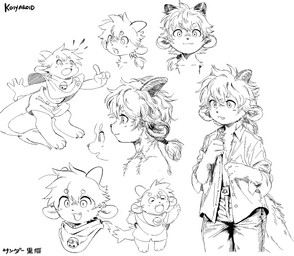 3_toes 4_toes anthro barefoot bottomwear braided_hair chibi claws clothed clothing feet front_view hair horn looking_at_viewer male open_clothing open_shirt open_topwear pants paws scarf shirt solo tail text three-quarter_view toe_claws toes topwear koiyaroid klaus_(koiyaroid) artist_name black_and_white cross-hatching digital_drawing_(artwork) digital_media_(artwork) expression_sheet handwritten_text hatching_(art) hi_res model_sheet monochrome shaded sketch sketch_page