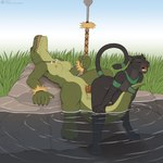 anthro anthro_on_anthro black_body black_fur bottomless bottomless_anthro bottomless_female breasts clothed clothed_anthro clothed_female clothing dildo dildo_in_pussy dildo_insertion double_dildo duo eyes_closed female female/female fur genitals green_body green_scales jewelry melee_weapon necklace nipples nude nude_anthro nude_female penetration polearm pussy scales sex_toy sex_toy_in_pussy sex_toy_insertion spear tail teeth tongue tribal vaginal vaginal_penetration water weapon jishinu crocodile crocodilian felid mammal pantherine reptile scalie hi_res