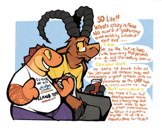 anthro arm_tattoo belly beverage_can black_horn bottomwear brown_body brown_fur clothing curved_horn dialogue drunk duo eyewear fur glasses horn leaking male male/male orange_body orange_scales pants scales shirt sitting slightly_chubby slightly_chubby_anthro slightly_chubby_male smile speech_bubble spilling_drink substance_intoxication talking_to_another tattoo text text_on_clothing topwear white_clothing white_shirt white_topwear yellow_clothing yellow_shirt yellow_topwear boot_(artist) carpenter_(boot) montana_(boot) bovid caprine goat lizard mammal reptile scalie 2020 english_text hi_res