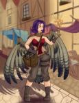 breasts clothed clothing duo feathers female hair purple_hair solo_focus wings yellow_eyes falmar bunny_and_fox_world altavy_(altavy) animal_humanoid avian avian_humanoid bird bird_humanoid fairy falcon falcon_humanoid falconid falconid_humanoid humanoid hi_res