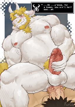 anal anal_penetration anthro arm_hair armwear beard belly big_belly big_breasts big_muscles big_penis blonde_hair blush bodily_fluids body_hair breasts chest_hair clothing dominant duo facial_hair floppy_ears food forearms front_view genitals hair happy_trail heat_(temperature) horn huge_breasts huge_hips huge_muscles human_on_anthro interspecies leg_markings long_ears low-angle_view lube male male/male manly markings mature_male moobs muscular muscular_anthro muscular_thighs nipples one_eye_closed overweight overweight_anthro overweight_male pecs penetration penile penile_penetration penis plant pubes sex sideburns sitting sitting_on_another smile sweat thigh_markings vein veiny_penis wide_hips furuo deltarune undertale_(series) asgore_dreemurr bovid caprine goat human mammal monster absurd_res digital_drawing_(artwork) digital_media_(artwork) digital_painting_(artwork) hi_res painting_(artwork)
