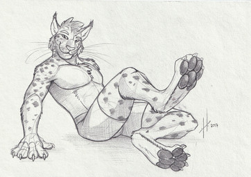 anthro athletic athletic_anthro athletic_male bottomwear cheek_tuft chest_tuft claws closed_smile clothed clothing facial_tuft feet finger_claws foot_focus hair looking_at_viewer male male_anthro mouth_closed pawpads paws short_hair sitting smile solo spotted_arms spotted_legs toe_claws topless tuft whiskers hufnaar felid feline lynx mammal 2017 dated hi_res monochrome signature sketch traditional_media_(artwork)