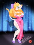 absurd_res anthro blonde_hair breasts clothing cosplay cranebear disney domestic_cat dress felid feline felis female footwear green_eyes hair hi_res high_heels jessica_rabbit jessica_young_melis mammal shoes sign solo sparkles stage who_framed_roger_rabbit