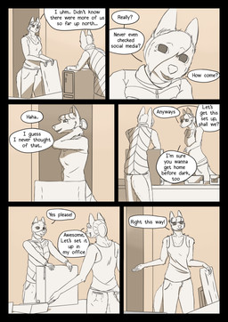 anthro arm_tuft athletic athletic_anthro athletic_female blush blush_lines breasts casual_clothing chair cheek_tuft clothed clothing computer dialogue duo ear_tuft electronics eye_contact eyelashes facial_tuft fangs female fur fur_tuft furniture hair hair_bun hair_over_eye hair_over_face jacket leaning_on_object long_tail looking_at_another open_mouth pockets ponytail pupils question_mark shirt short_hair shoulder_tuft sidecut simple_background slightly_open_mouth small_breasts smile speech_bubble surprised tail tank_top teeth text topwear translucent translucent_hair tuft tufted_fur himynameis angie_(himynameis) megan_(himynameis) canid canine mammal absurd_res comic digital_drawing_(artwork) digital_media_(artwork) english_text hi_res krita_(artwork) monochrome shaded sketch