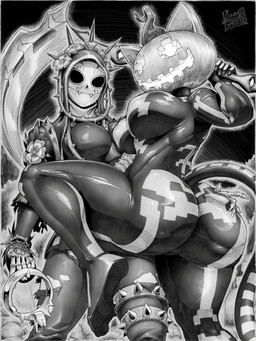 5_fingers anthro big_breasts big_butt bodysuit bone bottomwear bracelet breast_squish breasts butt clothed clothing dress duo female fingers flower flower_crown for_a_head hand_on_butt holding_melee_weapon holding_object holding_polearm holding_scythe holding_weapon holidays hood huge_butt jack-o'-lantern jewelry legband legwear looking_at_viewer looking_back looking_back_at_viewer markings melee_weapon on_one_leg pants plant polearm pumpkin_head raised_leg scythe skeleton skeleton_(marking) skinsuit skull spiked_bracelet spiked_legband spikes squish standing tail tight_clothing torn_bottomwear torn_clothing torn_legwear torn_pants vines weapon pltnm06ghost fortnite:_battle_royale halloween catrina_(fortnite) spice_(fortnite) animal_humanoid animated_skeleton cat_humanoid felid felid_humanoid feline feline_humanoid humanoid mammal mammal_humanoid object_head undead 2025 3:4 absurd_res greyscale hi_res monochrome signature