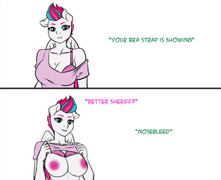 anthro areola blue_eyes blue_hair bra bra_strap clothed clothing clothing_lift dialogue eyebrows female hair multicolored_hair nipples offscreen_character pink_bra pink_clothing pink_top pink_underwear purple_eyebrows purple_hair shirt shirt_lift simple_background solo text topwear underwear white_background white_body wings pia-sama bra_strap_showing_(meme) hasbro mlp_g5 my_little_pony mythology zipp_storm_(mlp) equid equine mammal mythological_creature mythological_equine pegasus comic english_text hi_res meme