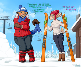 anthro biped bottomwear breasts clothed clothed_anthro clothed_female clothing cloud color_coded_text countershade_face countershade_tail countershading day dialogue dipstick_ears duo ear_markings eyebrows eyelashes female female_anthro footwear front_view fully_clothed fully_clothed_anthro fully_clothed_female fur furgonomic_footwear furgonomics handwear hooves iris logo mittens multicolored_ears outside philtrum pupils shaking shivering shoes sky snout snow speech_bubble speech_marker standing tail teeth text tongue topwear unguligrade wearing_gloves winter loimu loimu_(character) sophie_panthera deer felid lion mammal pantherine 2026 absurd_res artist_logo artist_name english_text hi_res