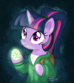 anthro backpack clothing eyewear female glowing hair hooves horn jacket multicolored_hair number parody purple_body purple_eyes simple_background solo topwear wings tina-de-love cartoon_network friendship_is_magic hasbro infinity_train my_little_pony mythology tulip_olsen twilight_sparkle_(mlp) equid equine mammal mythological_creature mythological_equine winged_unicorn crossover hi_res signature