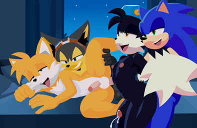 ahegao anal anal_penetration anthro bed furniture group looking_pleasured male male/male nipples parallel_sex penetration raised_leg sex swingers bandai_namco klonoa_(series) sega sonic_the_hedgehog_(series) guntz klonoa miles_prower sonic_the_hedgehog canid canine canis eulipotyphlan felid fox hedgehog hybrid mammal wolf hi_res