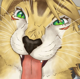 blonde_hair close-up countershade_face countershading eyelashes facial_markings fangs female female_feral feral feralized fur green_eyes hair head_markings looking_at_viewer markings solo teeth tongue tongue_out whiskers white_body white_fur yellow_body yellow_fur unknown_artist mihoyo rigby_the_cat zenless_zone_zero pulchra_fellini felid feline mammal thiren colored digital_media_(artwork) headshot_portrait meme portrait reaction_image shaded