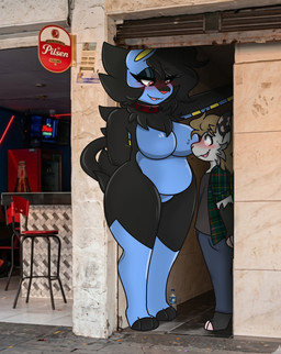 alley anthro clothed clothed_male clothing collar duo electric female flirting humor male male/female nervous nude nude_female shy size_difference spikes standing tall azuratheluxray a_chance_encounter nintendo pokemon rowantheopossum generation_4_pokemon humanoid luxray pokemon_(species) absurd_res hi_res meme