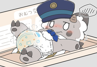 anthro biped blue_bow_tie blue_clothing blue_hat blue_headwear blush bodily_fluids bow_tie cape cheek_tuft claws clothed clothing diaper facial_tuft fur genital_fluids grey_body grey_fur grey_horn grey_pawpads hat headgear headwear horn looking_at_viewer lying male mouth_closed on_back pattern_diaper pawpads solo speech_bubble star_pattern tuft unclean_diaper urine used_diaper wavy_mouth wearing_diaper wet_diaper wetness_indicator white_cape white_clothing white_diaper white_eyes white_tuft young young_anthro young_male rokesys nagamo-kun unknown_species absurd_res full-length_portrait hi_res portrait