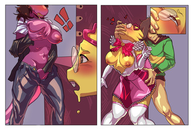 3_panel_comic age_difference anthro armwear blush bottomwear bow_(feature) bow_ribbon breasts brown_hair buckteeth clothed clothing cosplay covering covering_mouth denim denim_bottomwear denim_clothing dress elbow_gloves erection eyewear female female_penetrated frilly frilly_clothing genitals glasses gloves group hair handwear legwear male male/female male_penetrating male_penetrating_female masturbation nipples non-mammal_breasts older_female open_mouth penetration public public_sex purple_body purple_scales scales sex student tail teacher teacher_and_student teeth trio yellow_body yellow_scales younger_male kristhianquint4 deltarune lobotomy_corporation project_moon undertale_(series) alphys kris_dreemurr susie_(deltarune) the_queen_of_hatred boss_monster_(undertale) human lizard mammal reptile scalie 2026 absurd_res comic hi_res