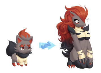 anthro anthrofied black_body black_fur black_hair blush bodily_fluids breasts candy claws cleavage clothed clothing dessert directional_arrow evolution_(transformation) evolutionary_family eyelashes female feral feral_to_anthro flying_sweatdrops food fur hair humor multicolored_hair pokemorph rare_candy red_eyes red_hair sequential_arrow simple_background solo sweat sweatdrop sweater topwear torn_clothing transformation two_tone_hair under_boob white_background manene nintendo pokemon canid canine generation_5_pokemon mammal pokemon_(species) zoroark zorua 2016
