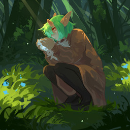black_bottomwear black_clothing black_footwear black_pants black_shoes bottomwear brown_clothing brown_coat brown_topwear clothed clothing coat crouching eyelashes female footwear forest grass horn humanoid_pointy_ears magic_user mouth_closed not_furry orange_eyes outside pants plant pointy_ears solo tan_body tan_skin topwear tree unsigned corzh77 elf humanoid 1:1 absurd_res full-length_portrait hi_res portrait